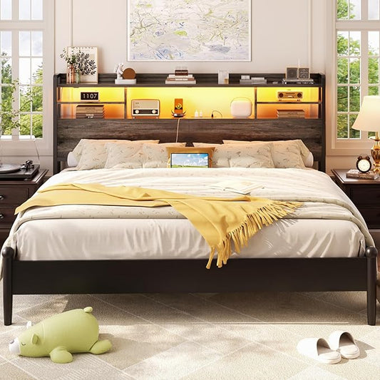 Aheaplus Headboard for Queen Size Bed with Storage, Headboards with LED Light, Power Outlets, USB Ports Queen Size Head Board, Wood headboard Only Sturdy and Stable Headboards, Modern, Black Oak