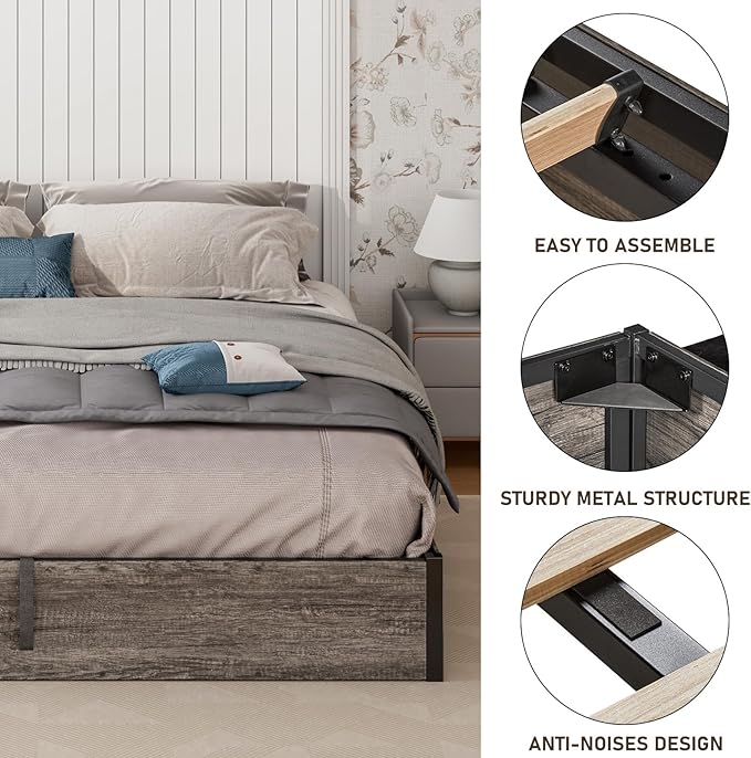 Lift Up Storage Bed Frame, Full Size Wooden Platform Bed with Large Storage Underneath, No Box Spring Needed, Noise Free, Rustic Grey