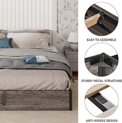 Lift Up Storage Bed Frame, Full Size Wooden Platform Bed with Large Storage Underneath, No Box Spring Needed, Noise Free, Rustic Grey