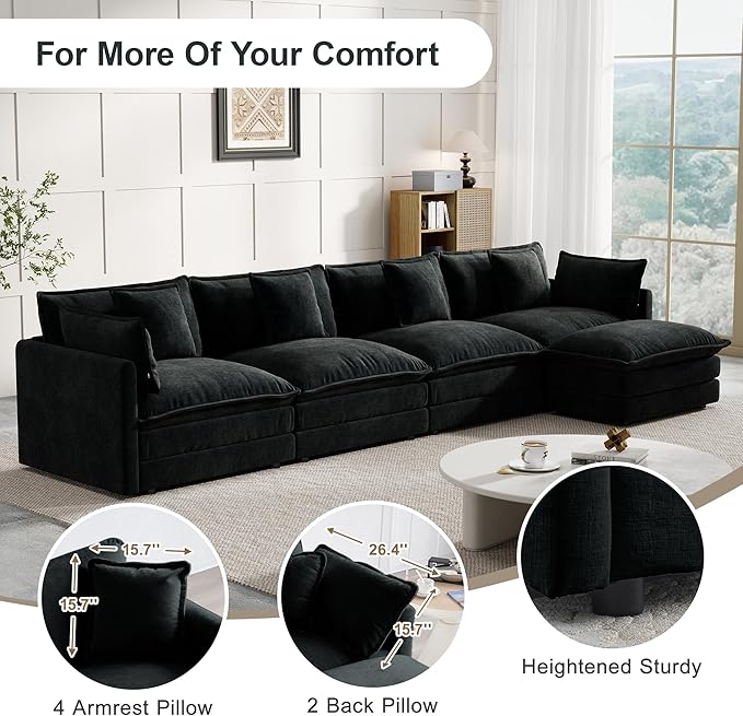Modular Sectional Sofa, 146.5 Inch L-Shaped Cloud Sofa with Deep Seat Chenille Sofa with Cushions, Four Seater Sectional Sofa for Living Room Apartment,Black