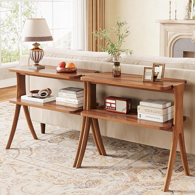 Tribesigns Walnut Side Table for Living Room, Narrow End Table with 2-Tier Storage Shelf and Solid Wood Legs, Slim Modern Bedside Table Nightstand for Bedroom, Small Spaces (1)
