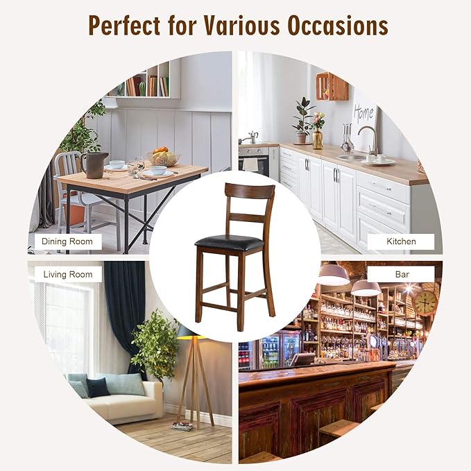 COSTWAY Counter Height Bar Stools Set of 2, 25.5 Inch Mid Century Modern Wooden High-top Chairs with Backrest, Rubber Wood Legs, Faux Leather Seat, Farmhouse Barstools for Kitchen Island, Pubs