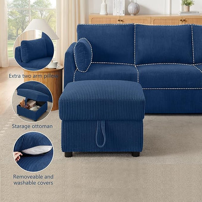 79" Small Couches with Storage Ottoman 3 Seat L Shaped Couch Sectional Sofa with Chaise Lounge for Apartment,Dorm,Bonus Room,Compact Spaces. (Blue, 3+OTT)