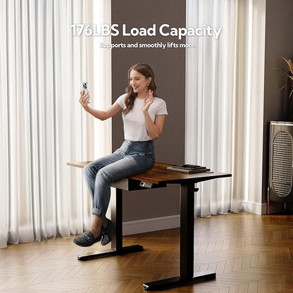 Seang Standing Desk with Drawer, 48" x 24" Height Adjustable Stand Up Desk, 3 Memory Height Settings with Cable Grommets & Storage Hooks, Ideal for Home & Office, Rustic Brown