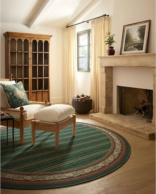 RUGGABLE x Morris & Co Machine Washable Area Rug– Fruit Stripe Spruce Green 6 ft Round, Stain-Resistant, Non-Slip – Medium Rugs for Living Room, Bedroom, Hallway, Entryway & Office–with Cushioned Pad