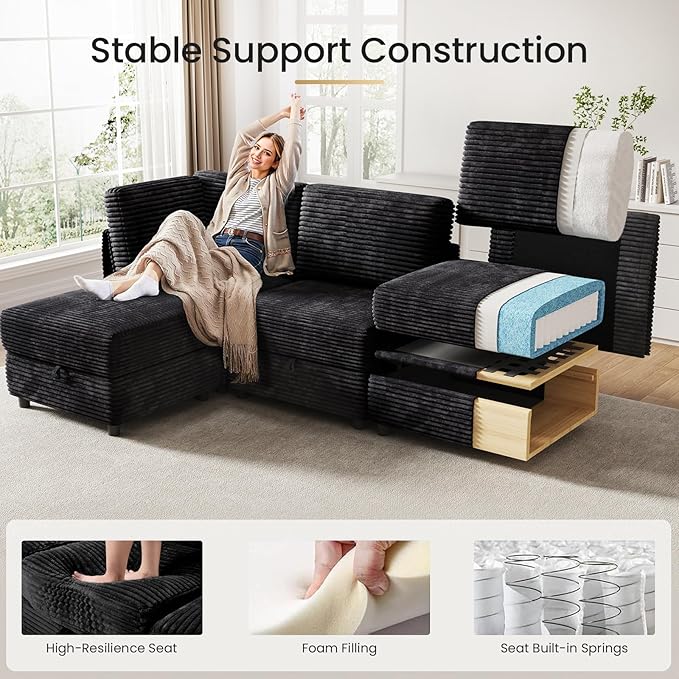 KKL Modular Sectional Sofa Bed with Storage Ottoman, Convertible L/U/J-Shaped Sleeper Couch Plush Wide-Wale Corduroy for Living Room, Apartment, Modern Design, Black