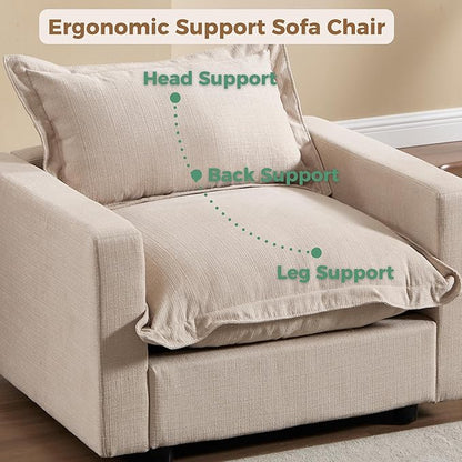 chairus 97" Modular Sectional Sofa with Moveable Ottoman Upholstered Deep Seat Linen Couch Set with Soft Pillows L-Shape Sofa Couch for Living Room, Apartment, Reception Room, 3-Seater/Oatmeal