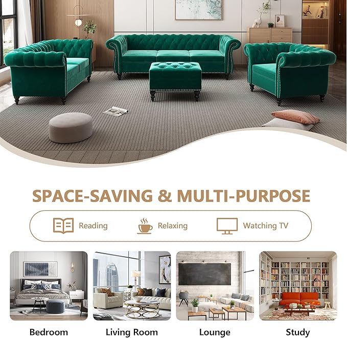 Home Sofa Living Room Furniture, 3 Seater 84" Velvet Upholstered Couch, Mid Century Modern Comfy Couch with Cushions, Classic Tufted Chesterfield Couches for Bedroom, Office, Apartment (Green)