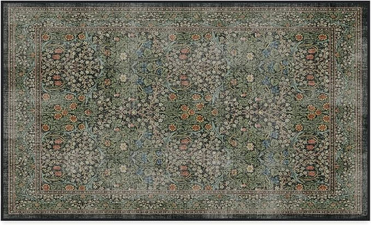 RUGGABLE x Morris & Co Washable Area Rug – Blackthorn Forest Green 3x5, Stain-Resistant, Non-Slip – Small Machine Washable Rugs for Living Room, Bedroom, Hallway, Entryway & Office–with Standard Pad