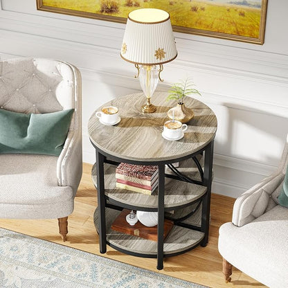 Tribesigns Half Round End Table for Living Room, 3-Tier Half Side Table with Metal Frame, Industrial Half Moon Table with Storage Shelves, Half Circle Accent Table for Entryway, Bedroom, Grey