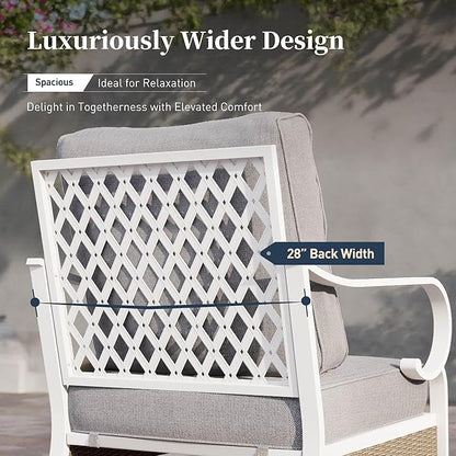 6 Piece Metal Outdoor Patio Furniture Set, Patio Conversation Set with 1 3-Seater Couch, 2 Fixed Sofa with 5.75" Thick Cushion and Coffee Table, White and Gray Backyard Furniture