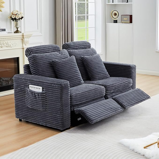 Power Reclining Sectional Sofa, Electric Loveseat Recliner with 2 Electric Footrest and Adjustable Headrest, Modern Plush Corduroy Fluffy Reclining Sectional with Deep Seat for Living Room-Blue Grey