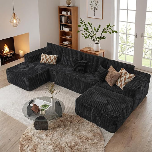 133.1'' Boneless Sectional Couches for Living Room, Oversized Cloud Couch with Chaise & Ottoman, Modular Sofa Sets Deep Seat Plush Corduroy, No Assembly Required,Plush Corduroy,Black