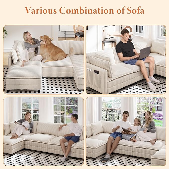 Vesgantti 143" L Shaped Modular Sectional Sofa, Comfy Corduroy Upholstered Modular Sectional Couches for Living Room, Modern Cloud Couch with Ottoman Deep Seat, Beige