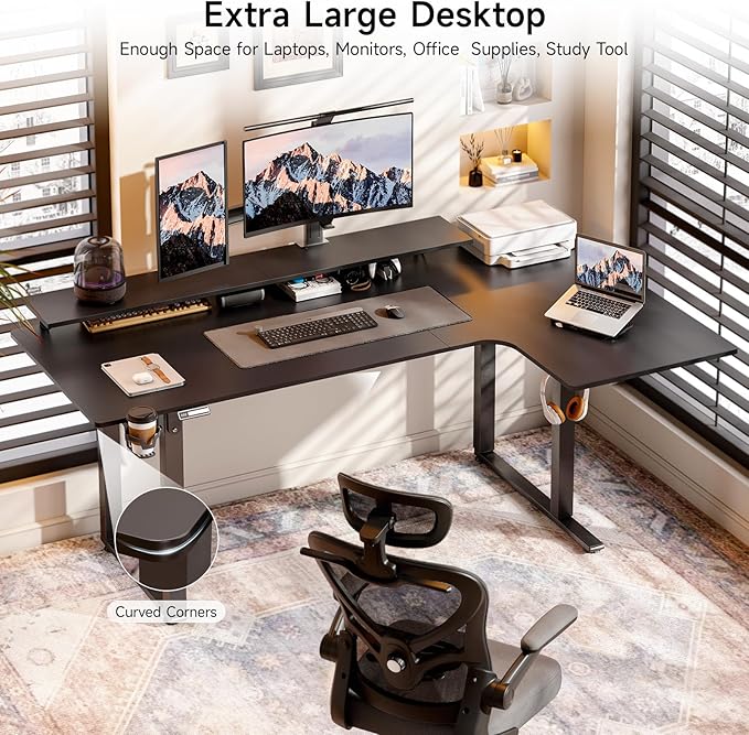 L Shaped Standing Desk, 71x43'' Electric L Stand Up Desk with 2 Adjustable Monitor Shelves, Dual Motor and Memory Controller, Adjustable Height from 28-46'' for Home and Computer Workstation, Black