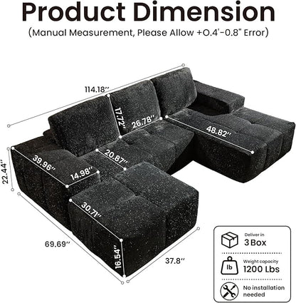 114" Glitter Cloud Sectional Couch with L-Shape Chaise & Ottoman, Modern Boneless Couches for Living Room, Fluffy Tufted Deep Seat Modular Sofa No Assembly (Gray Sparkly Velvet,Right Facing)