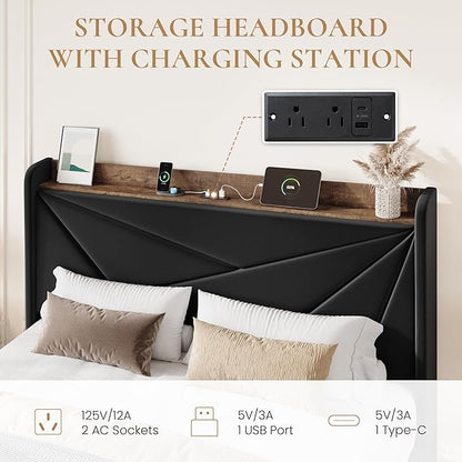 SHA CERLIN Full Size Bed Frame with 3 Drawers, USB & Type-C Charging Ports, Velvet Upholstered Platform Bed with Modern Geometric Wingback Storage Headboard, No Box Spring Needed, Easy Assembly, Black
