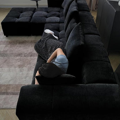 WJShome 158" Oversized Modular Sectional Sofa, L Shaped Couch with Ottoman,Sectional Couches for Living Room,Large Linen Deep Seat with Pillow Couches for Home,Spacious Space,Black