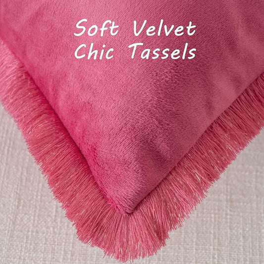 FUTEI Hot Pink Velvet Decorative Throw Pillow Covers 12x20 Set of 2,Soft Cozy Edge with Tassels Lumbar Pillow Cases,Boho Modern Home Decor for Couch Bed Living Room