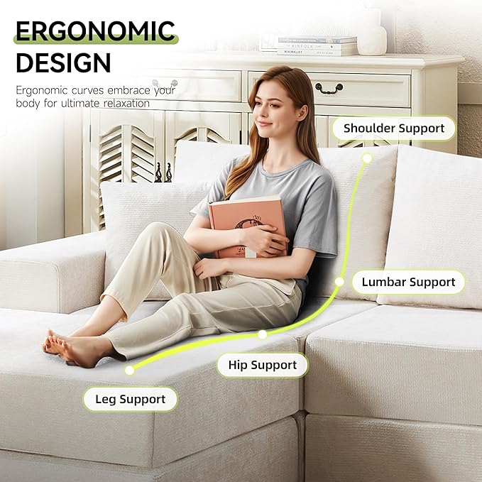 79" Boneless Loveseat Sofa Couch, Modular Foldable Floor Cloud Sofa with Ottoman, Lounge Convertible Sofa Bed for Living Room, No Assembly, Chenille Beige