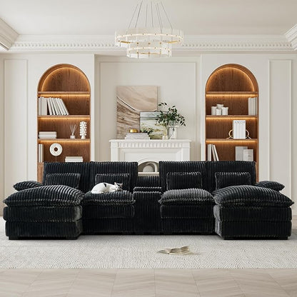 HYJT-H&K 124" U Shaped Cloud Couch Sectional, Comfy Plush Fluffy Corduroy Dark Grey Sectional Couches for Living Room, Modern Modular Corduroy Couch Sectionals with Central Console & Double Chaise