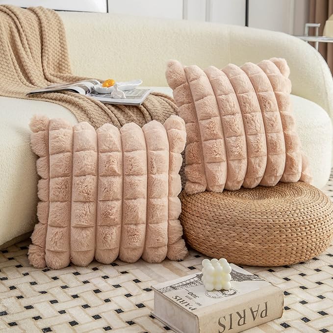 Neelvin Camel Faux Fur Cozy Soft Plaid Decorative Throw Pillow Covers 24x24 inch Set of 2,Velvet Pillowcase Cushion Case for Sofa Couch