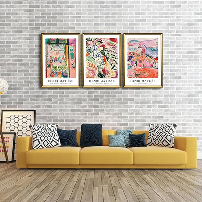 Wieco Art Large Framed Canvas Wall Art 3 Piece Henri Mattise Art Abstract Colorful Matisse Posters Canvas Prints for Wall and Home Office Decorations Bronze Gold Frame