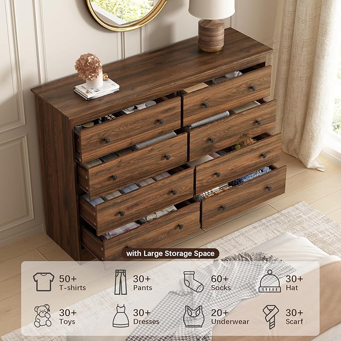 LYNSOM Modern 8 Drawer Dresser, 55.1" Wide Dressers & Chests of Drawers with Large Capacity Storage, Wood Mid Century Storage Dressers Organizer for Bedroom, Brown