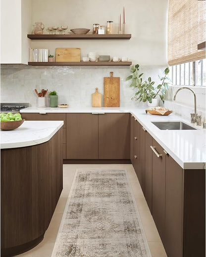 RUGGABLE Washable Vintage Area Rug – Sarrah Hazel 8 ft Round, Stain-Resistant, Non-Slip – Large Machine Washable Rugs for Living Room, Bedroom, Hallway, Entryway & Office–with Cushioned Pad