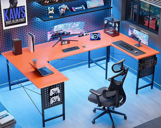 Pamray 71 Inch Large Computer Desk with Power Outlets,U Shaped Corner Desk for Home Office Work and Gaming Orange