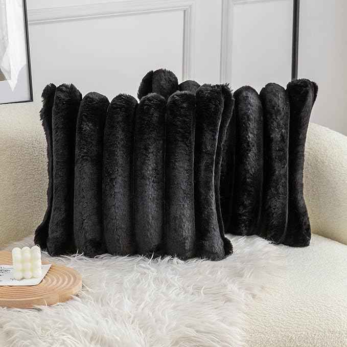 Neelvin Black Faux Fur Cozy Soft Striped Decorative Throw Pillow Covers 22x22 inch Set of 2,Velvet Pillowcase Cushion Case for Sofa Couch