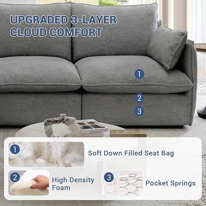 124" Cloud Modular Sectional Sofa, Waterproof Down Filled Sectional Couch, High Backrest U Shaped 4 Seater Couch with 2 Ottomans, Modern Modular Sofas with Removable Cover, Dark Gray