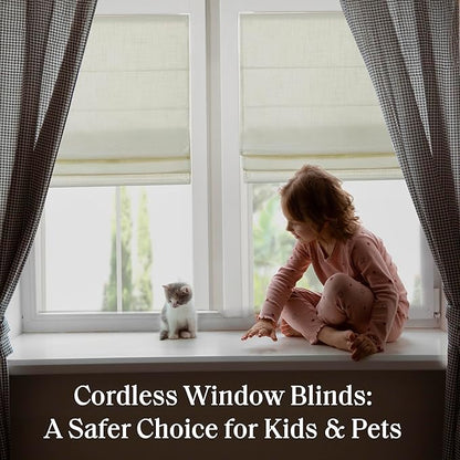 Madison Park Kyler Cordless Roman Shades - Single Panel, Lightweight Linen Blend Fabric, Natural Design, Easy Installation, Light Filtering Window Blind, Bedroom, Living Room Decor 29"W x 64"H Ivory