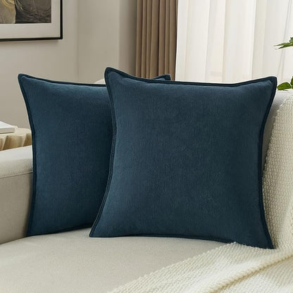 FUTEI Navy Blue Chenille Throw Pillow Covers 18x18 Inch Set of 2,Edges Double-Stitched Cushion Cases,Modern Home Decor for Couch Living Room