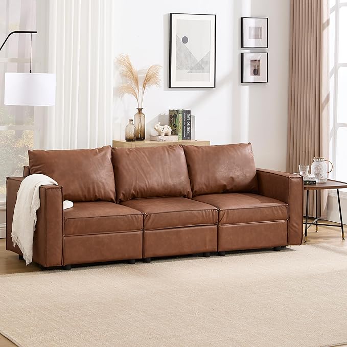 L Shaped Brown Leather, 90 Inches Cloud Modular Sectional Sofa, Modern Convertible Comfortable Sofa for Living Room/Apartment