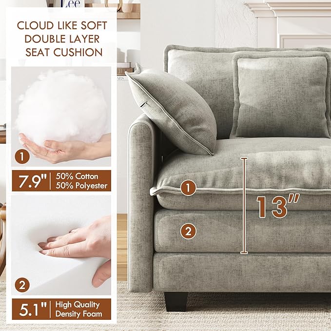 WorthFurni 77 Inch L Shape Cloud Sofa, Modular Sectional Couch with Ottoman, Comfy Chenille Deep Seat Loveseat with Pillow for Living Room Bedroom Apartment （Grey）