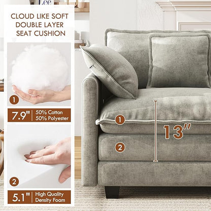WorthFurni 111.4” Cloud Couch, Modular Sectional Sofa, Comfy Modern 3-Seater Couches with Pillows & Upholstered Deep Seat Cushion for Apartment Living Room Bedroom （Grey）