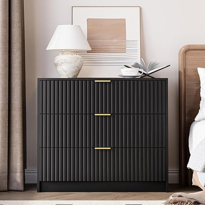 3-Piece Dresser Bedroom Set, 6 Drawer Dresser & 3 Drawer Nightstands with Gold Handles, Fluted Wood Chest of Drawers for Bedroom, Living Room, Entryway, Black