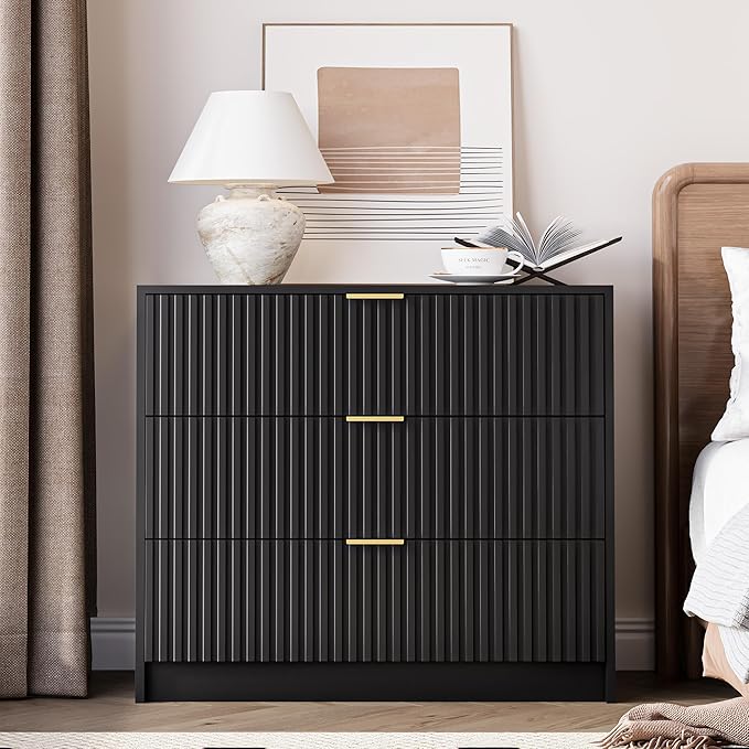 3-Piece Dresser Bedroom Set, 9 Drawer Dresser & 3 Drawer Nightstands with Gold Handles, Fluted Wood Chest of Drawers for Bedroom, Living Room, Entryway, Black