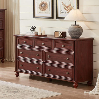 7 Drawers Dresser for Bedroom, Farmhouse 54" Wide Wood Dressers Chest of Drawers, Vintage Design TV Stand, Rustic Storage Dresser Organizer with Metal Handle Closet for Living Room, Hallway