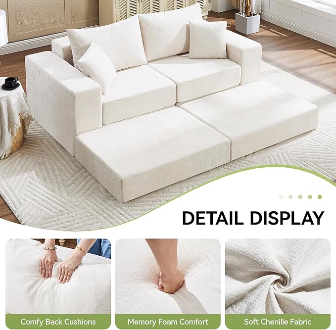 79" Boneless Loveseat Sofa Couch, Modular Foldable Floor Cloud Sofa with Ottoman, Lounge Convertible Sofa Bed for Living Room, No Assembly, Chenille Beige