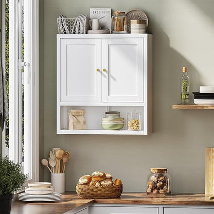 Metal Bathroom Wall Cabinet, Over The Toilet Storage Cabinets, White Wall Mounted Medicine Cabinets, Hanging Cabinet with 2 Doors & Adjustable Shelf for Kitchen, Laundry Room