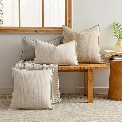 a moment Linen Pillow Covers Set of 2,Boho Farmhouse Throw Pillowcases Neutral Textured Decorative Covers for Couch Sofa, Soft Linen Blend Accent Case Cushion Christmas Home Decor 26"x26"Ivory
