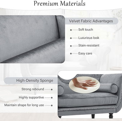 Christopher Knight Home Aurora Velvet Chaise Lounge Indoor with 2 Bolster Pillows, Upholstery Entryway Bench with Nailhead Trim & Curved Arms, End of Bed Bench Ottoman and Wooden Legs, Grey