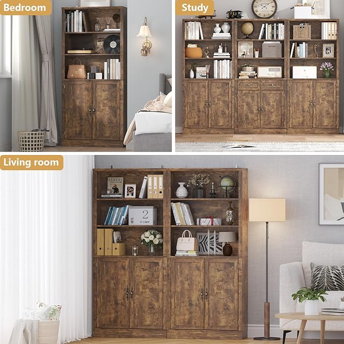 72'' Tall Bookcase with Doors, Adjustable Shelves, P2 MDF Construction, 32'' Wide Freestanding Cabinet with Metal Handles, Hidden Storage for Living Room, Bedroom, Brown