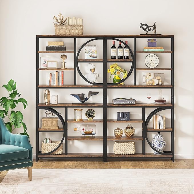 Tribesigns Bookshelf, Industrial 8-Tier Etagere Bookcases, 77-Inch Tall Book Shelf Open Display Shelves, Wood Look Accent Shelving Unit with Metal Frame for Home Office (2, Brown/Black)