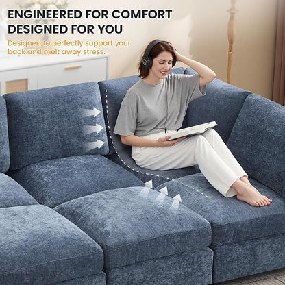 Modular Sectional Cloud Sofa Bed, 6-Seater Convertible Sofa Couch with Ottoman, Modern Deep Seat Sleeper Sofa for Living Room, Chenille Blue