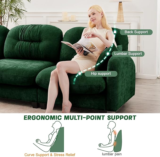 74" Loveseat for Living Room, Comfy Chenille Fabric Cloud Sectional Couch, Modern Upholstered Deep Seat Sofa with Armrest Pillow, Two Seater Couch for Small Spaces, Green