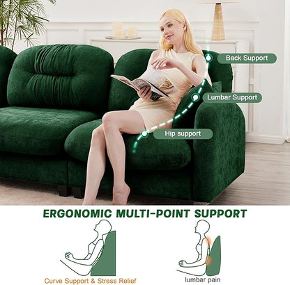 74" Loveseat U Shaped Couch with 2 Ottoman, Comfy Chenille Fabric Cloud Sectional Couch, Modern Upholstered Deep Seat Sofas with Armrest Pillow, Cloud Sofa for Small Spaces Apartment, Green