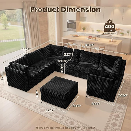 130'' Modern Modular Sectional Sofa with Ottoman, 8 Seater U Shaped Cloud Couch for Living Room, Oversized Deep Seat Convertible Sofa Set, Plush Corduroy Black
